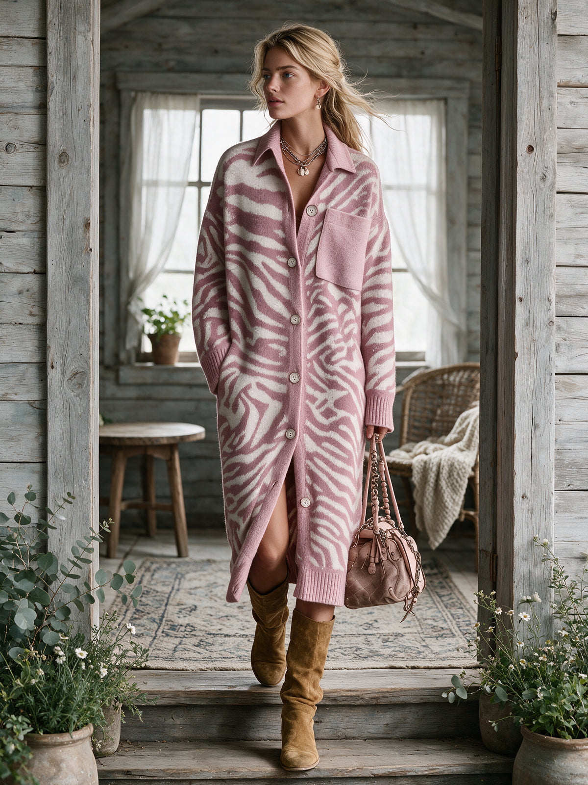 Chic Elegant Pink-Beige Zebra Jacquard Lapel-Collar Single-Breasted Long-Sleeve Patch Pocket Loose-Fit Wool Blend Knit Midi Dress
