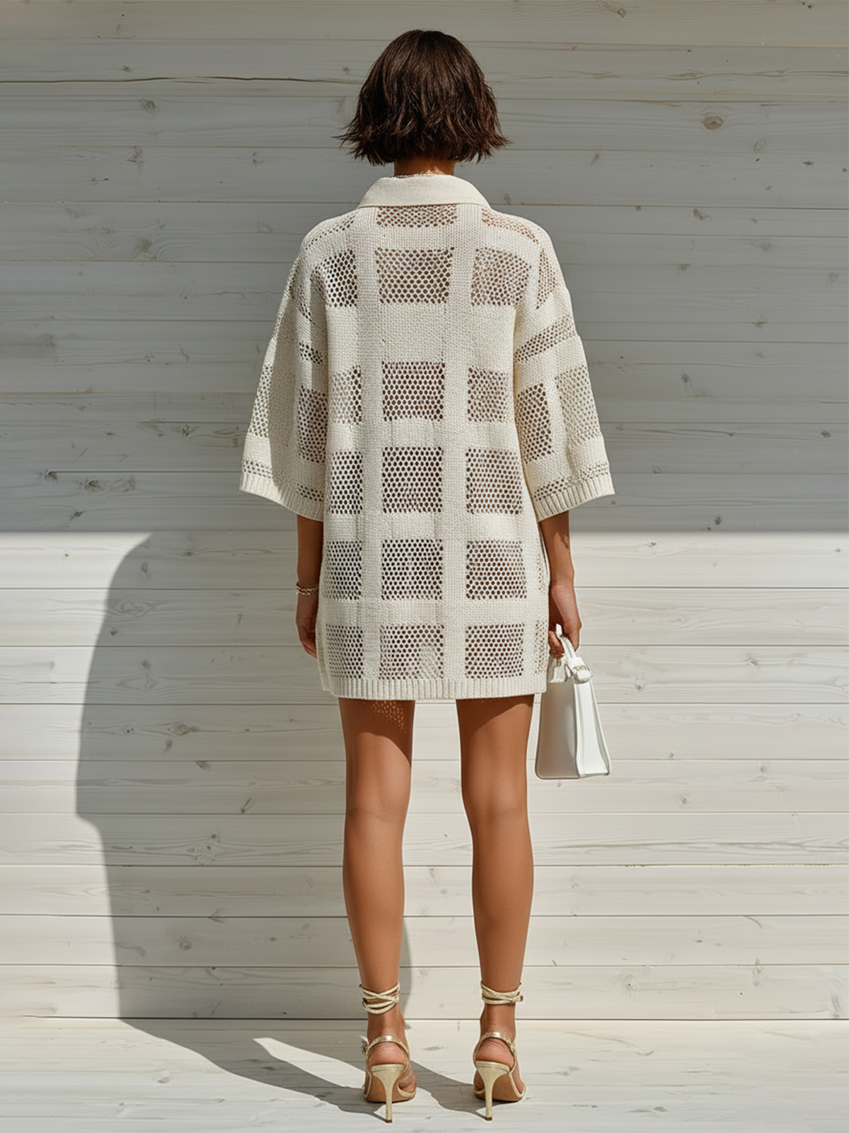 Chic Elegant White Openwork Check Jacquard Lapel Collar Button-Down Short Sleeve Loose Ribbed Knit Mini Dress