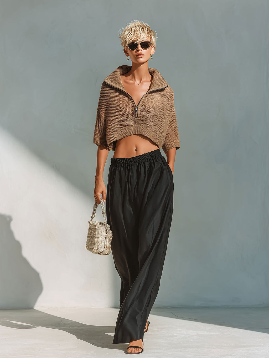 Chic Elegant Brown Zipper-Up Lapel Collar Half-Sleeve Loose-Fit Knit Cropped Sweater Black Satin Pants Two-Piece Set