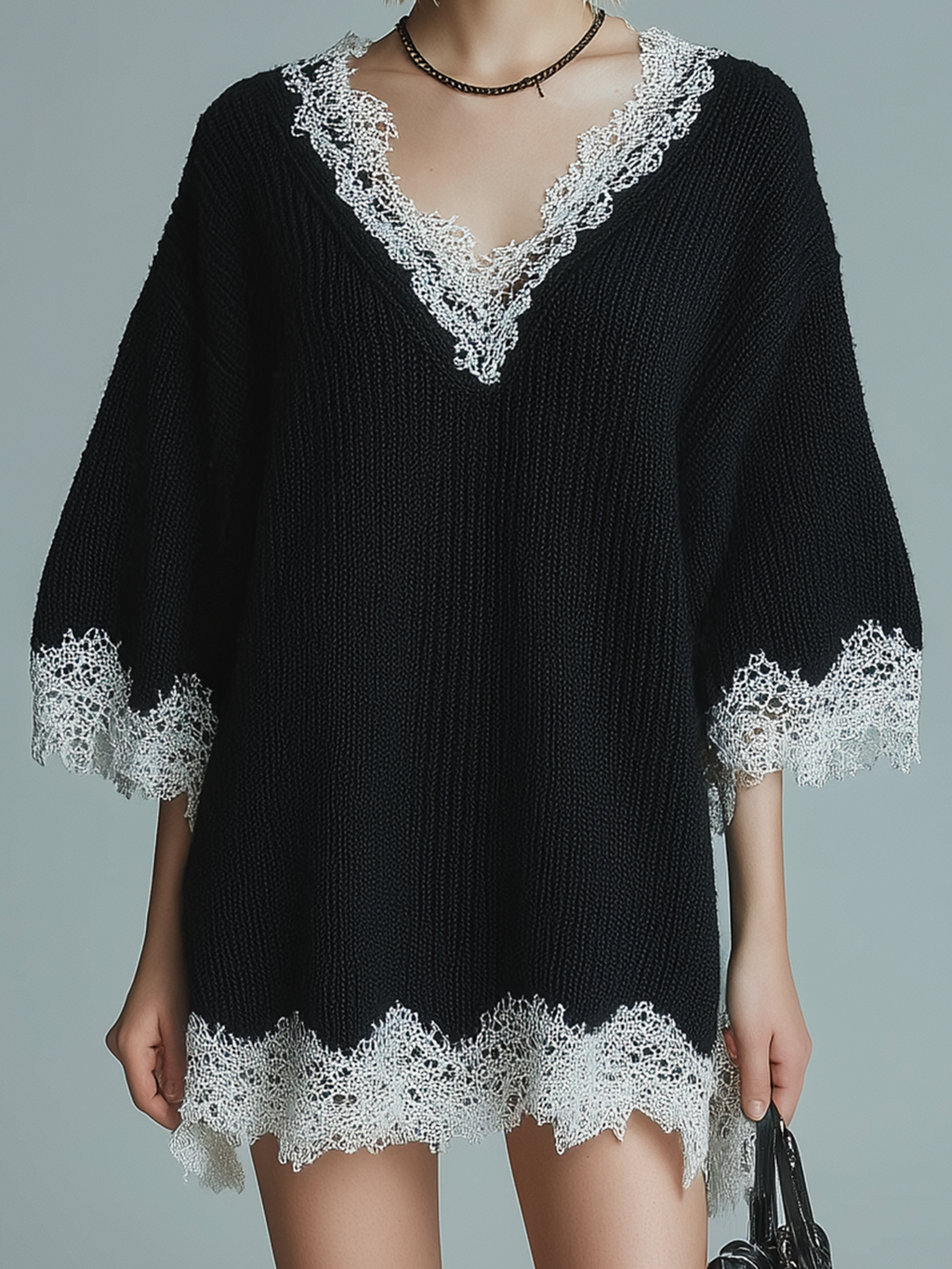 stylish Casual Black V-neck Lace Trim Short-sleeved Loose-fitting Knit Mini Dress