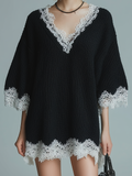 stylish Casual Black V-neck Lace Trim Short-sleeved Loose-fitting Knit Mini Dress