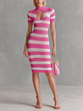 Chic Elegant Hot Pink-White Stripes Mock-Neck Short-Sleeve Tailored Waist Slim-Fit Knit Bodycon Midi Dress