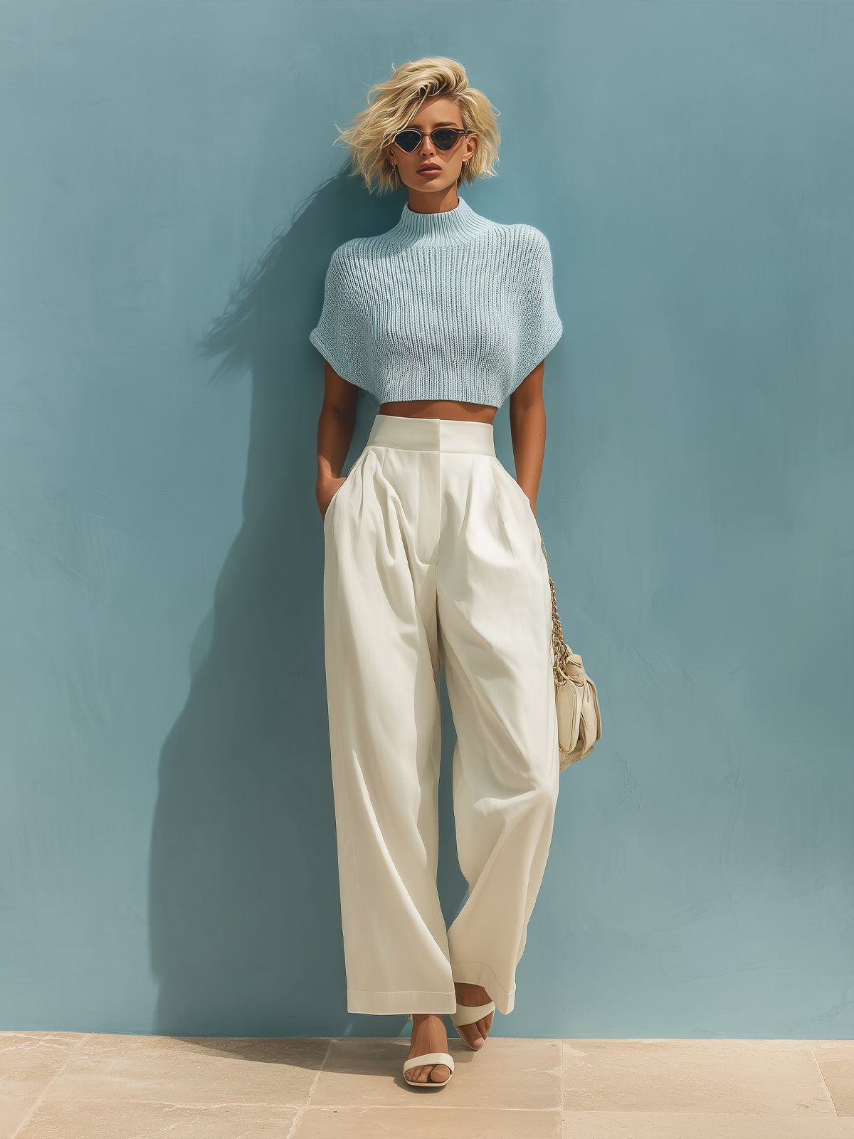 Stylish Elegant Light Blue Mock Neck Short-Sleeve Loose Sweater White Wide-Leg Pants Two-Piece Set