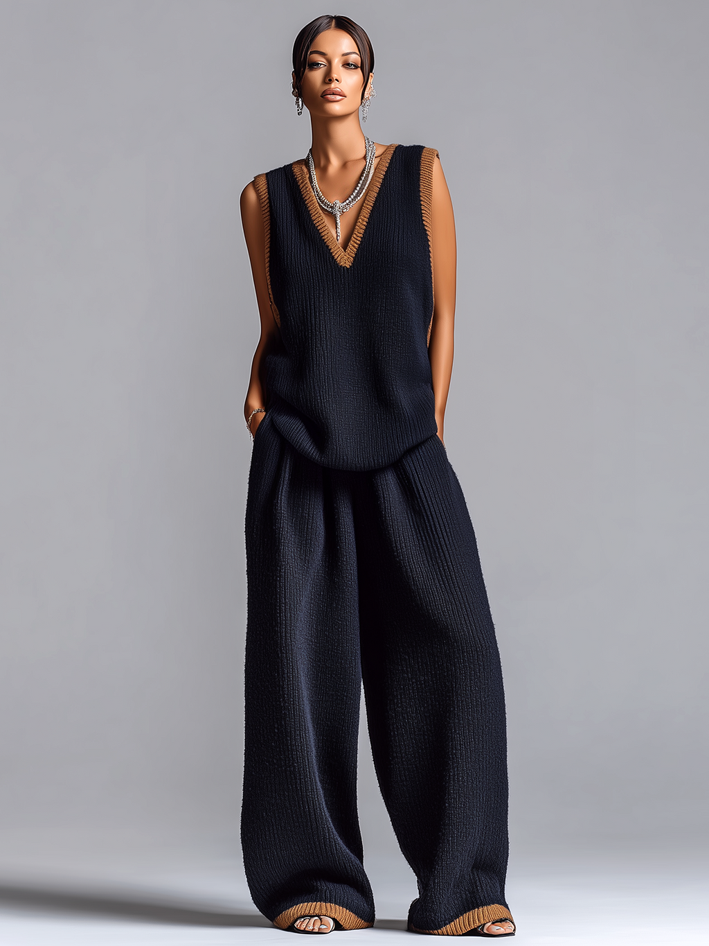 Fashionable Elegant Navy Blue Colorblock V-neck Sleeveless Loose-Fit Vest Wide-Leg Pants Knit Two-Piece Set