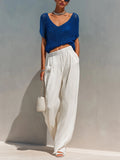 Chic Elegant Royal Blue V-Neck Short-Sleeve Hollow Knit Sweater Top White Chiffon Wide-Let Pants Two-Piece Set