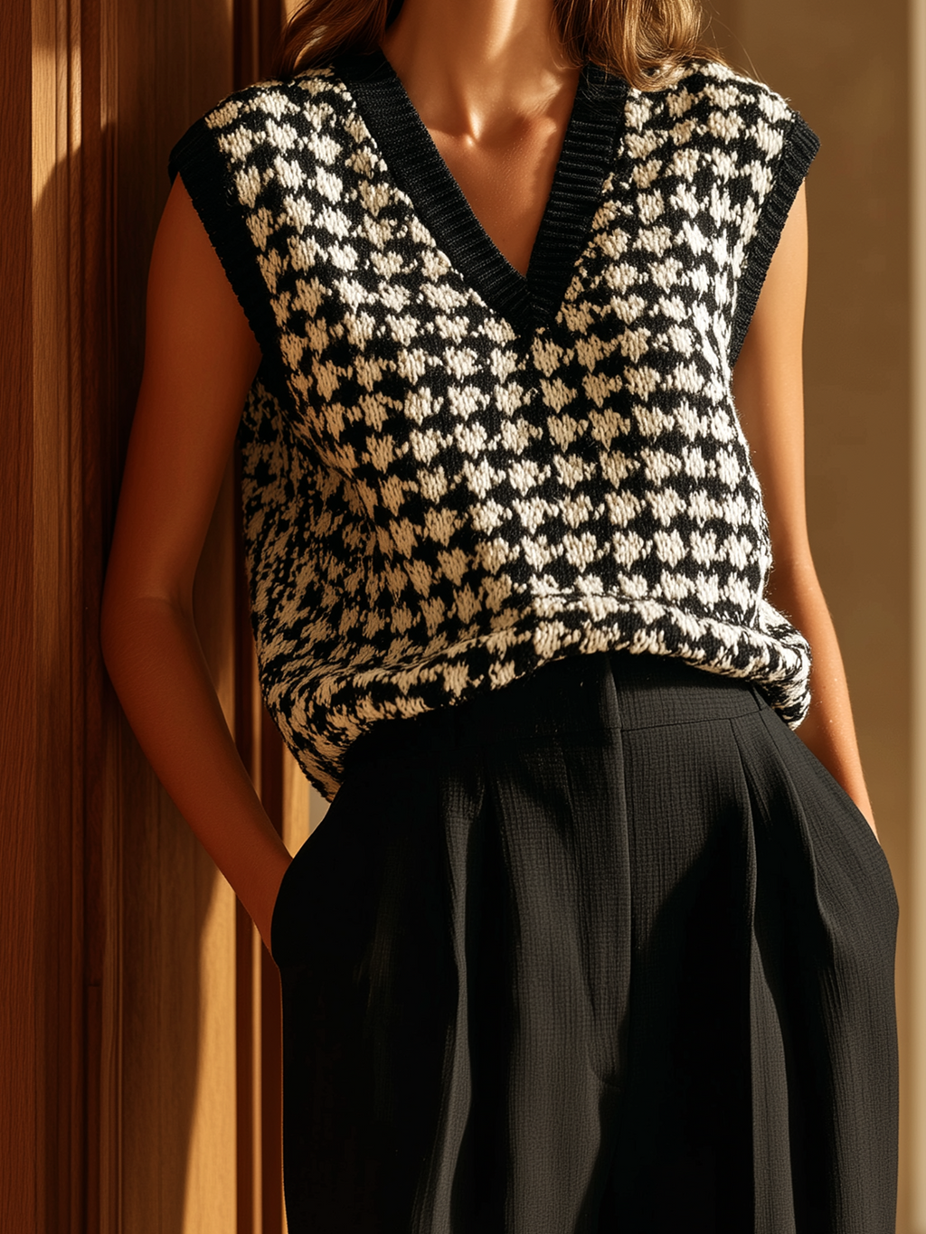 Stylish Elegant Black Houndstooth Jacquard V-Neck Loose Knit Vest Top