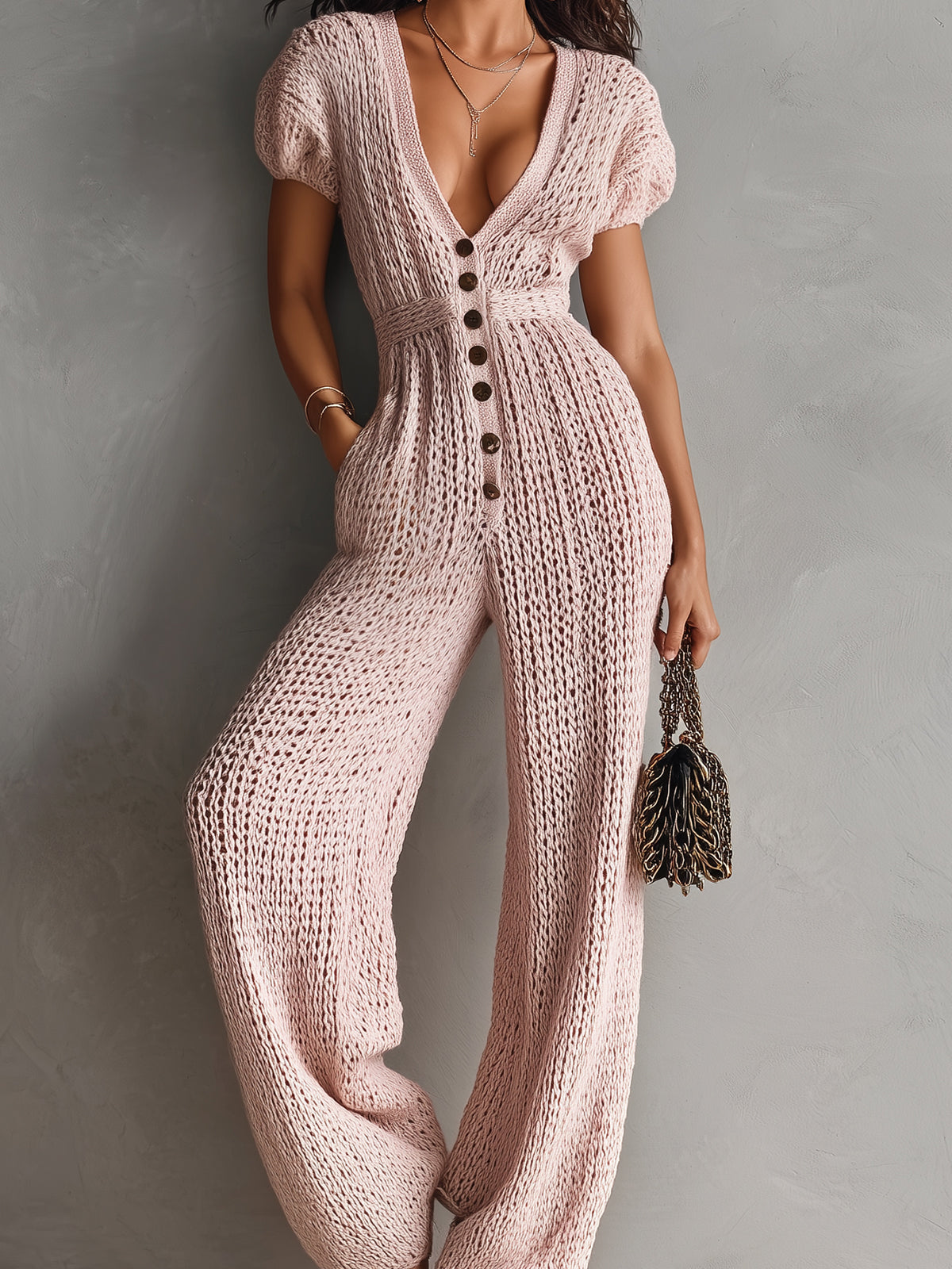 Chic Elegant Pink Deep V-Neck Button Front Short Sleeve Tailored Waist Wide Leg Breathable Knit Jumpsuit
