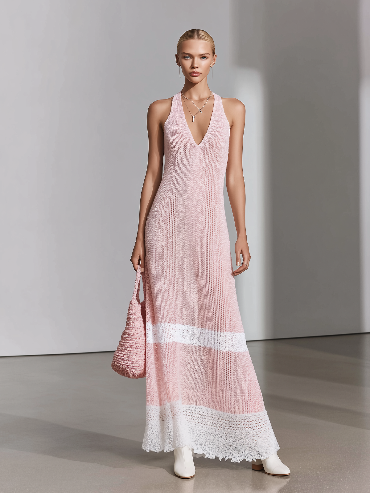 Chic Elegant Colorblock V-Neck Sleeveless Loose A-Line Knit Maxi Dress