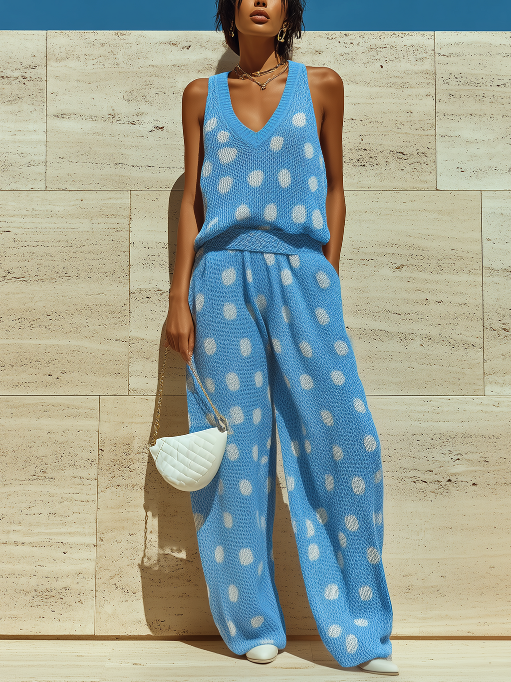 Chic Elegant Blue-White Polka Dot Jacquard V-Neck Sleeveless Loose Vest Wide-Leg Knit Two-Piece Set