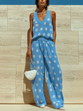 Chic Elegant Blue-White Polka Dot Jacquard V-Neck Sleeveless Loose Vest Wide-Leg Knit Two-Piece Set