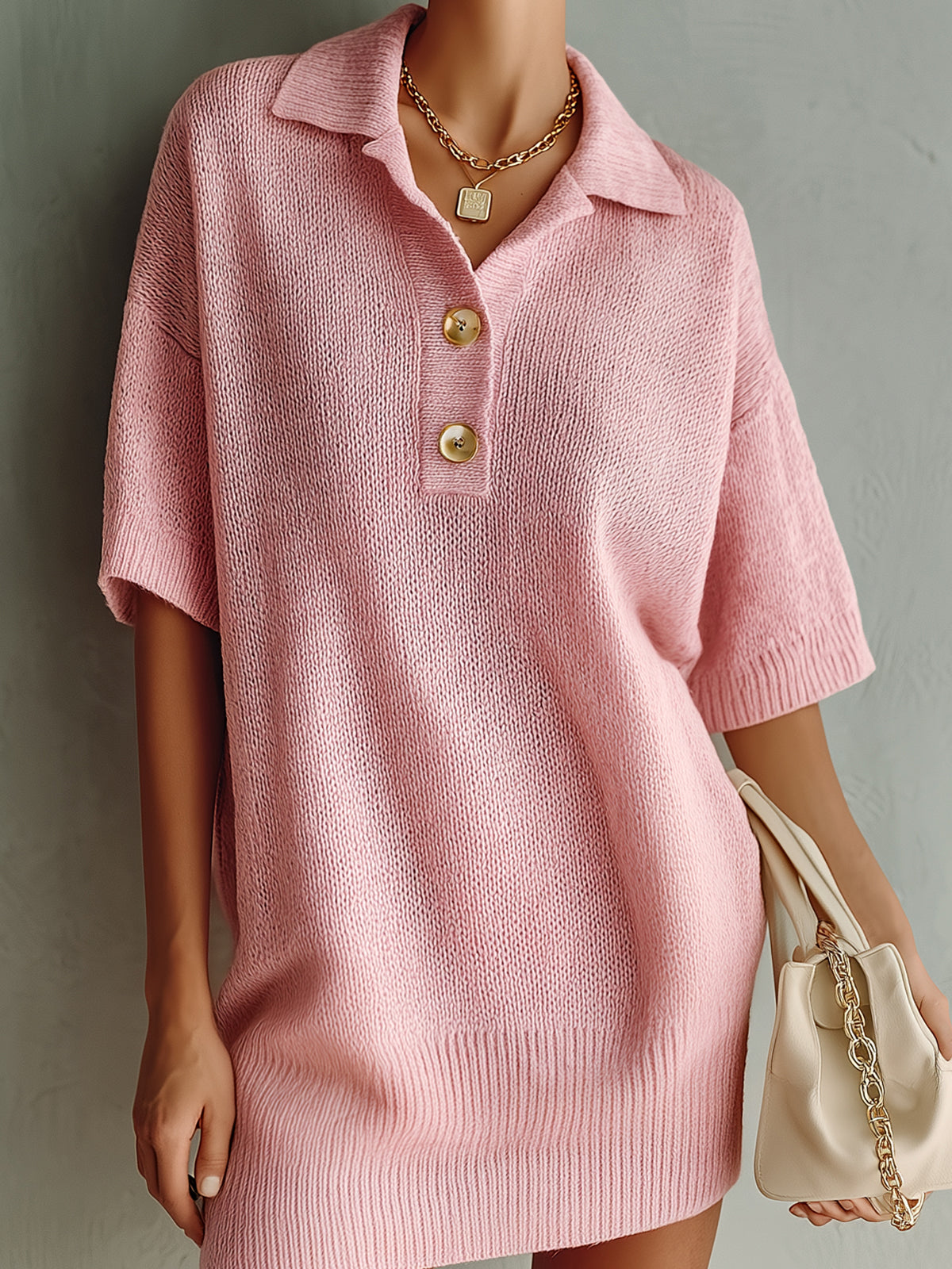 Chic Elegant Pink Button-Up Lapel Collar Short-Sleeve Oversize Knit Mini Dress