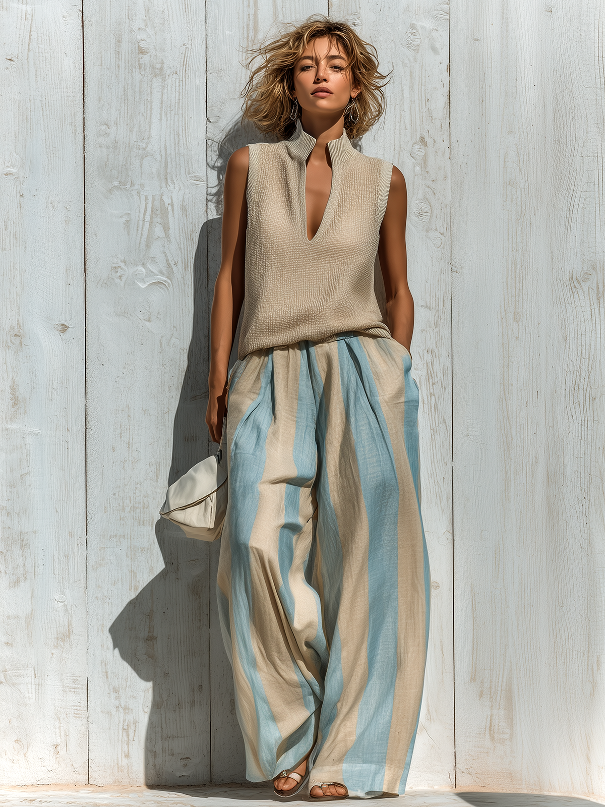 Chic Casual Beige Stand Collar V-Neck Sleeveless Loose Knit Vest Beige-Blue Striped Wide-Leg Cotton Linen Two-Piece Set