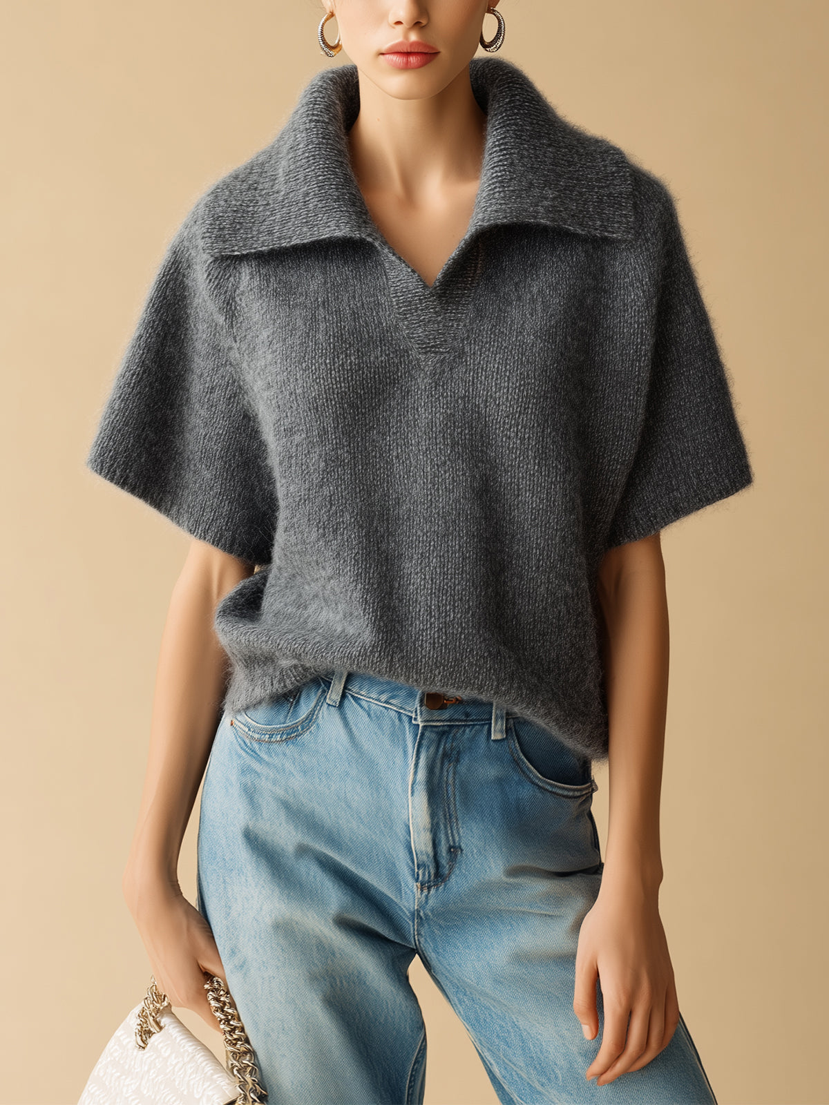 Chic Vintage Dark Gray Oversize Lapel Short Sleeve Loose-Fit Soft Knit Sweater Top