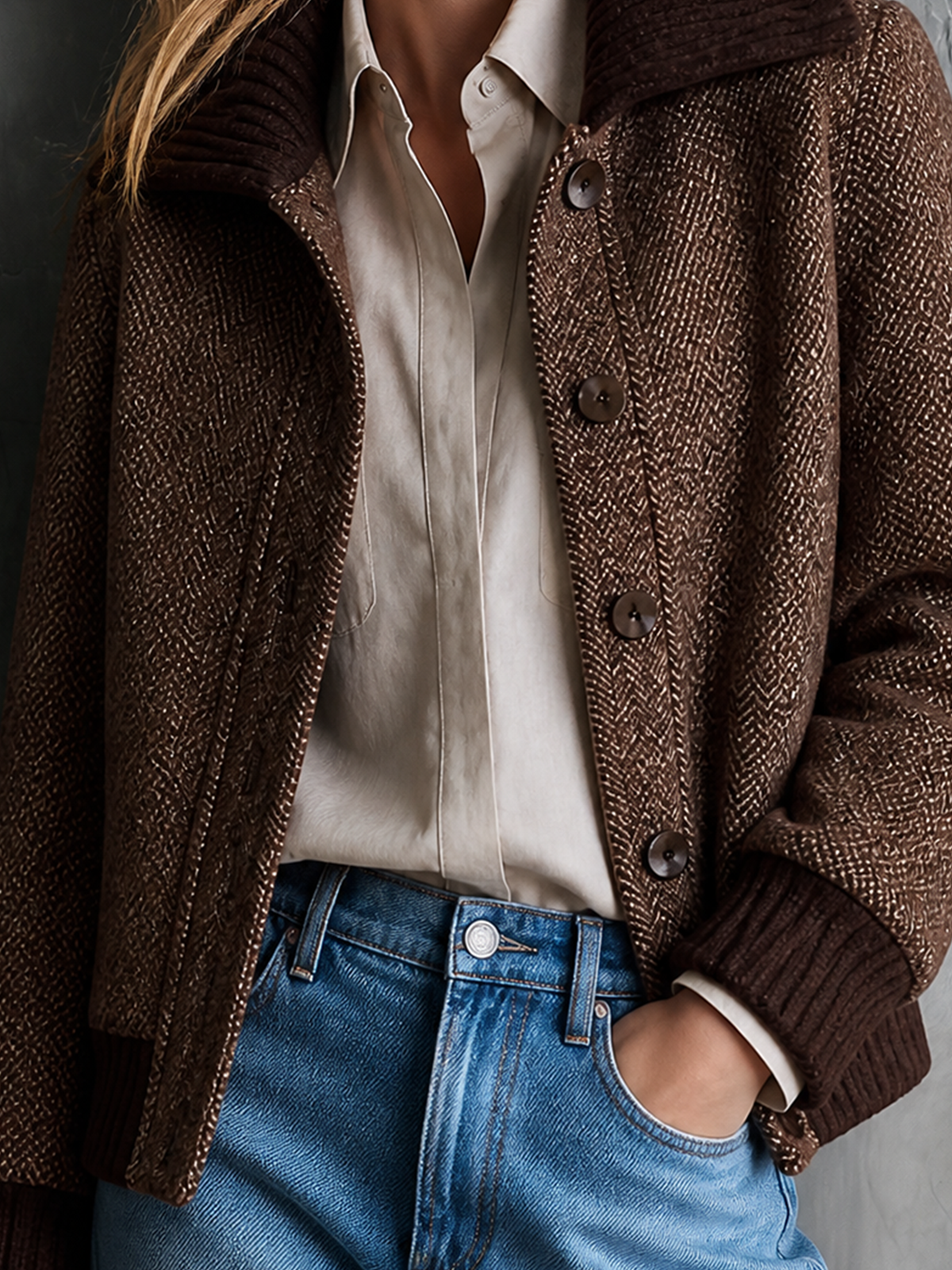 Chic Casual Brown Lapel-Collar Single-Breasted Long-Sleeve Loose-Fit Wool Blend Cropped Jacket