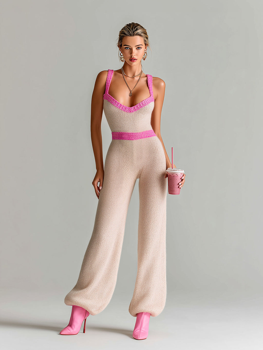 Chic Elegant Light Pink V-Neck Sleeveless Slim-Fit Contrast Trim Tailored Waist Lantern Pants Knit Jumpsuit