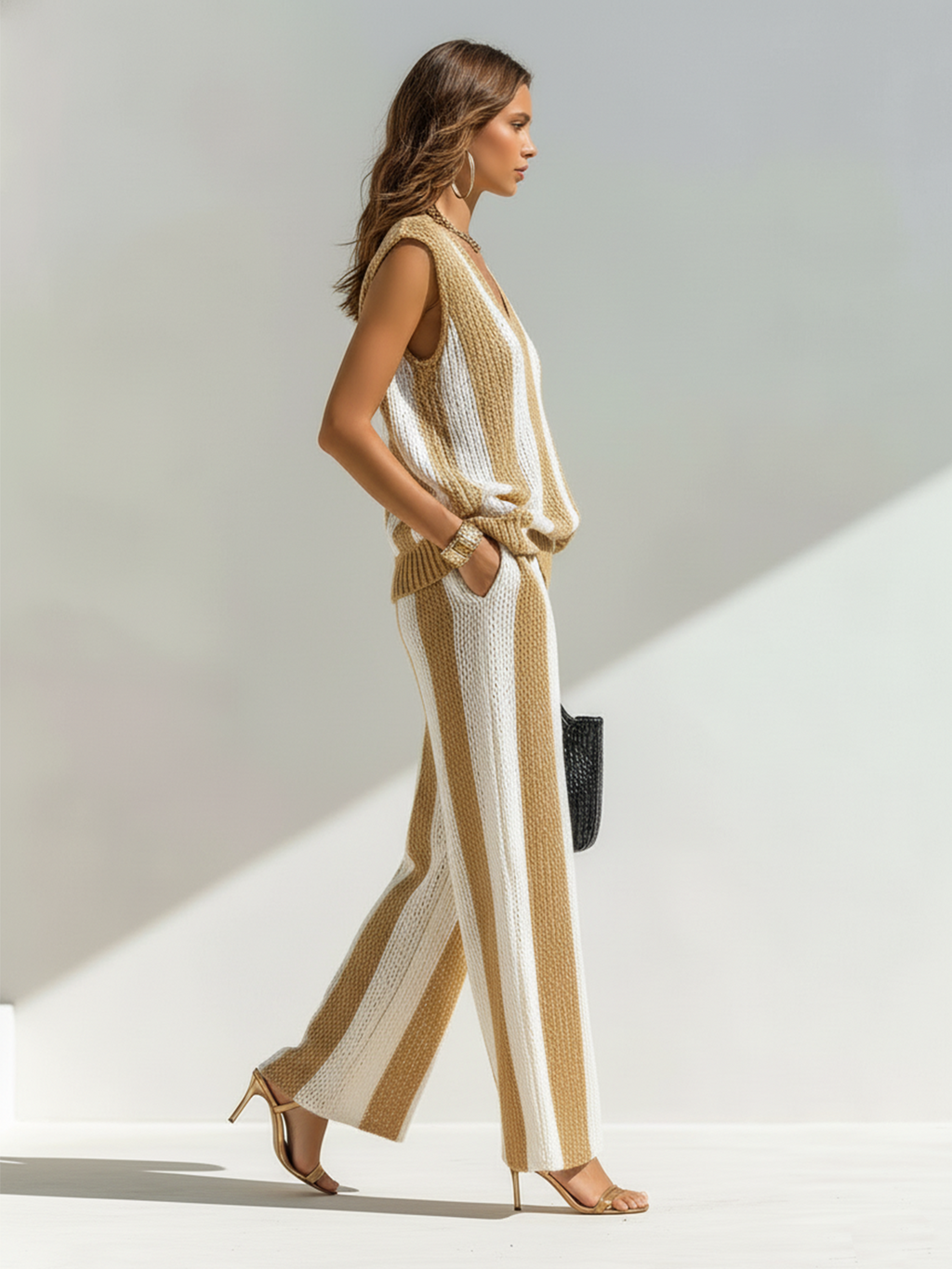 Chic Elegant White-Camel Striped V-Neck Sleeveless Loose Vest Wide-Leg Pants Knit Two-Piece Set