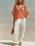 Chic Elegant Coral Orange V-Neck Short-Sleeve Loose Hollow Out Knit Sweater Top Cotton-Linen Wide-Let Pants Two-Piece