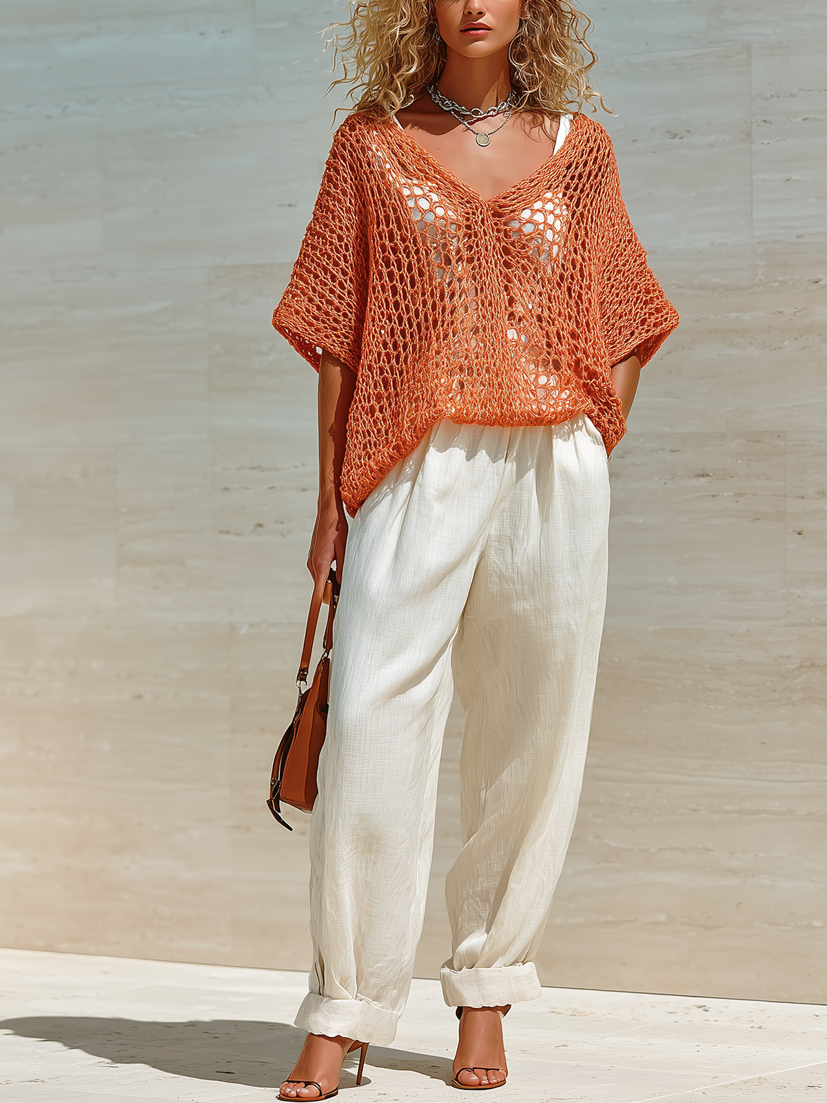 Chic Elegant Coral Orange V-Neck Short-Sleeve Loose Hollow Out Knit Sweater Top Cotton-Linen Wide-Let Pants Two-Piece