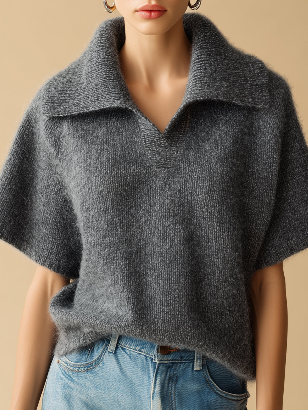 Chic Vintage Dark Gray Oversize Lapel Short Sleeve Loose-Fit Soft Knit Sweater Top