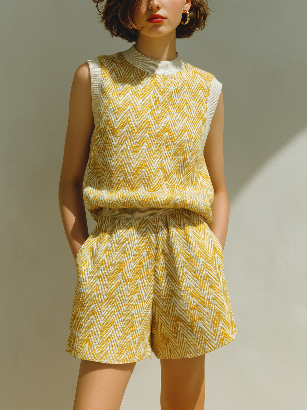 Chic Casual Yellow Jacquard Round Neck Sleeveless Loose-Fit  Vest Elastic Waist Shorts Knit Two-Piece Set
