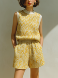 Chic Casual Yellow Jacquard Round Neck Sleeveless Loose-Fit  Vest Elastic Waist Shorts Knit Two-Piece Set