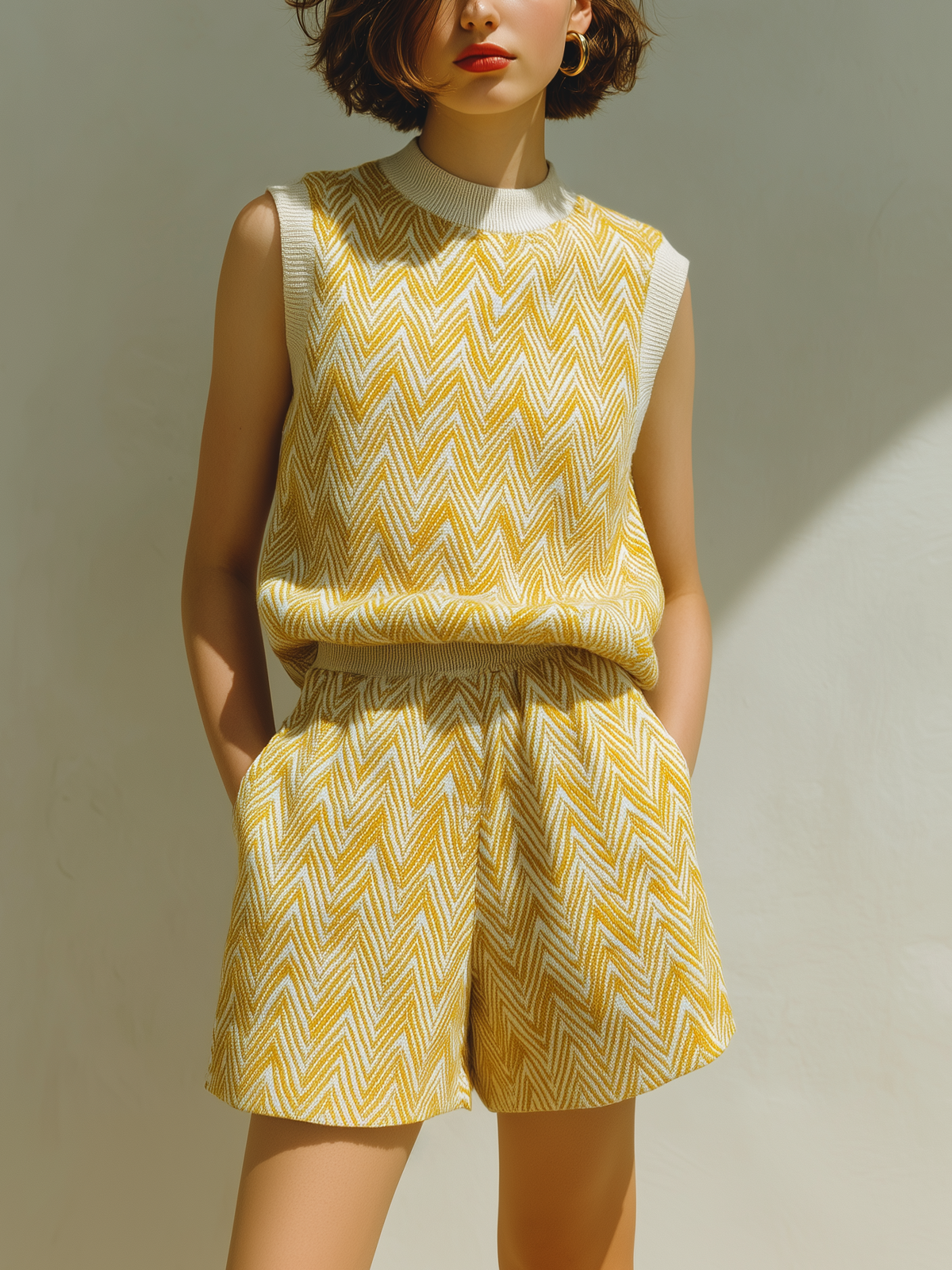Chic Casual Yellow Jacquard Round Neck Sleeveless Loose-Fit  Vest Elastic Waist Shorts Knit Two-Piece Set