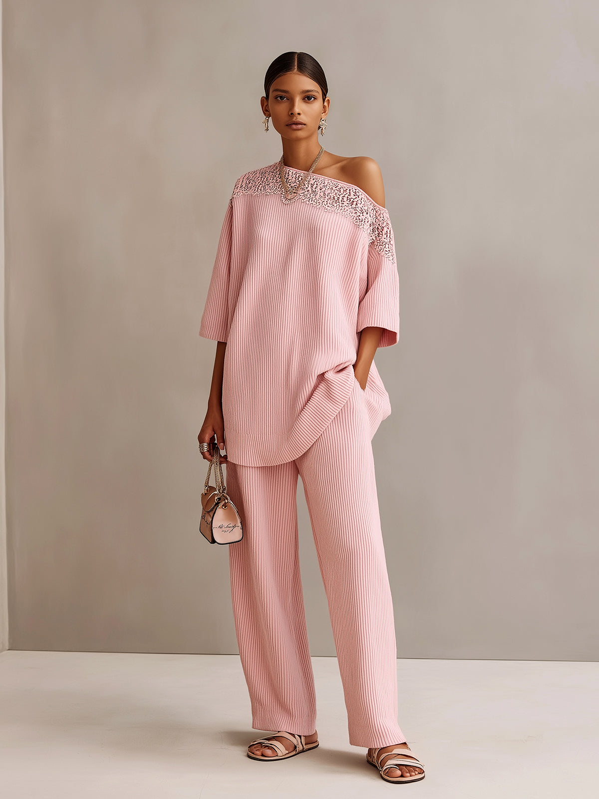Chic Elegant Pink One-Shoulder Short-Sleeve Lace Detail Oversize Sweater And Relaxed-Fit Ribbed Knit Pants Two-Piece Set