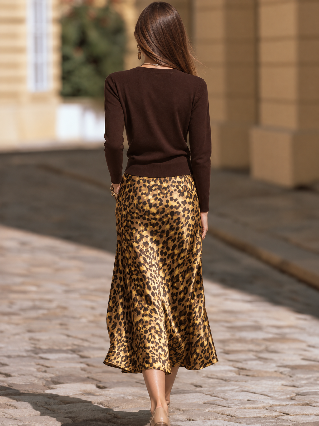 Vacation-style V-neck Long-sleeve Top And Leopard-print Satin Skirt Set
