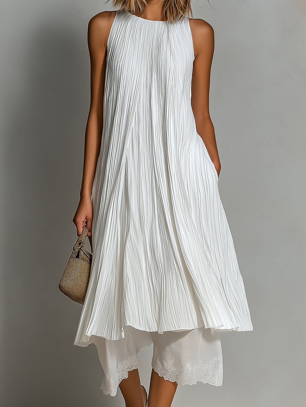 Chic Elegant White Pleated Round-Neck Sleeveless A-Line Long Top Cotton-Linen Lace Trim Detail Cropped Pants Two-Piece Set