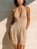 Chic Elegant Camel Halter Neck Deep V-Neck Sleeveless Slim-Fit Knit Romper