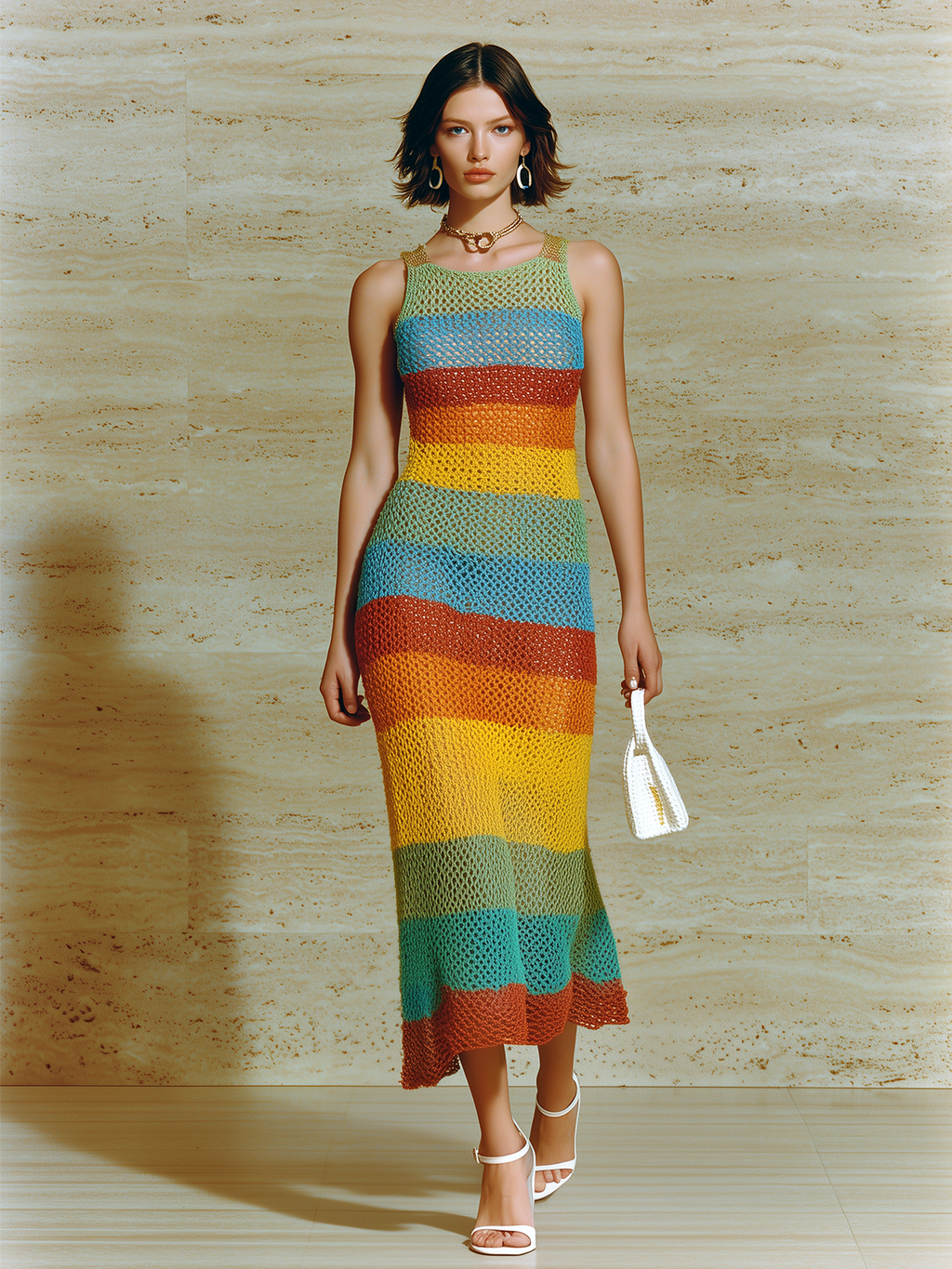 Chic Casual Colorful Striped Crew Neck Sleeveless Slim Fit  A-Line Ribbed Knit Maxi Dress