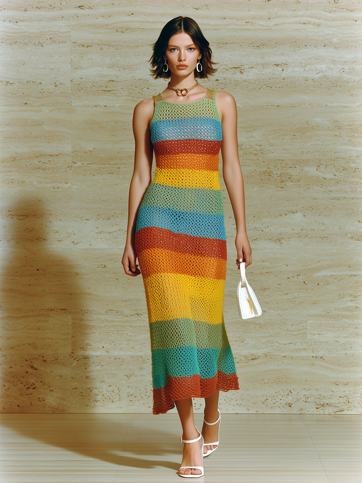 Chic Casual Colorful Striped Crew Neck Sleeveless Slim Fit  A-Line Ribbed Knit Maxi Dress