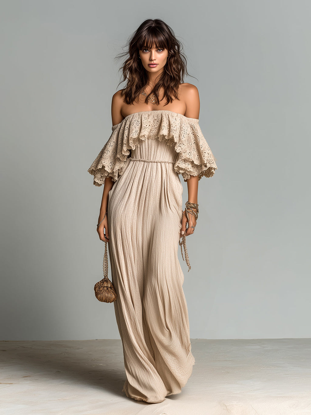 Chic Elegant Apricot Cotton Blend Off-The-Shoulder Short-Sleeve Lace Detail Elastic Waist Pleated Maxi Dress