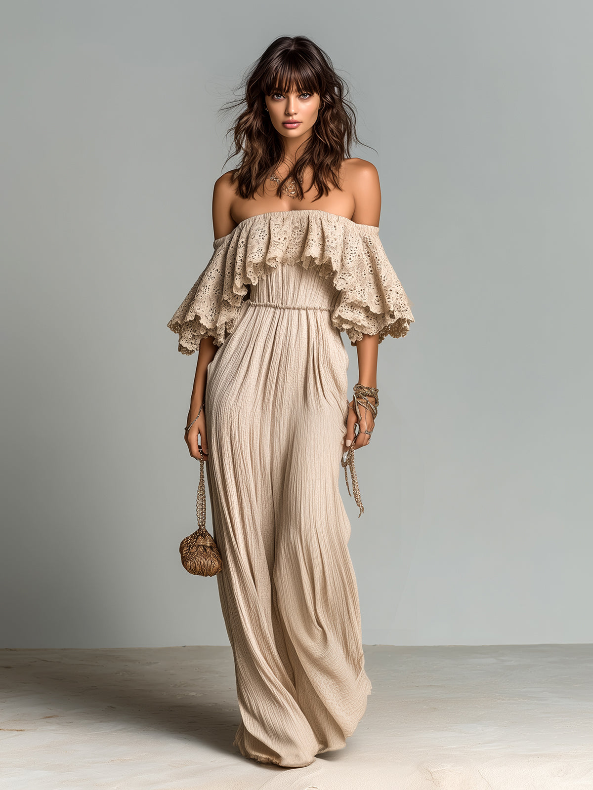 Chic Elegant Apricot Cotton Blend Off-The-Shoulder Short-Sleeve Lace Detail Elastic Waist Pleated Maxi Dress