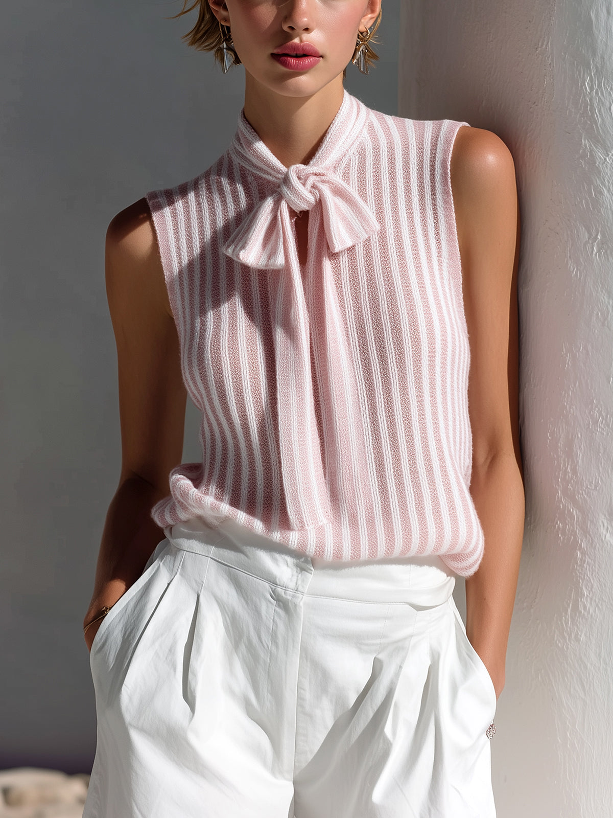 Chic Elegant Pink-White Stripes Bow-Tie Collar Sleeveless Loose-Fit Knit Vest Top