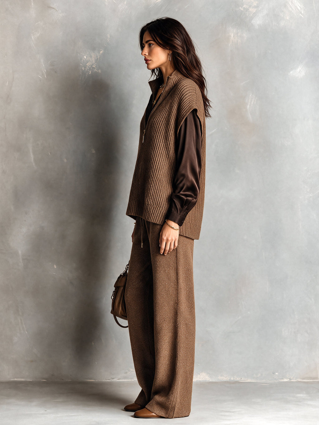 Chic Elegant Coffee Zipper-Up V-Neck Dropped-Shoulder Loose-Fit Ribbed Knit Vest Wool Blend Straight Pants Two-Piece Set