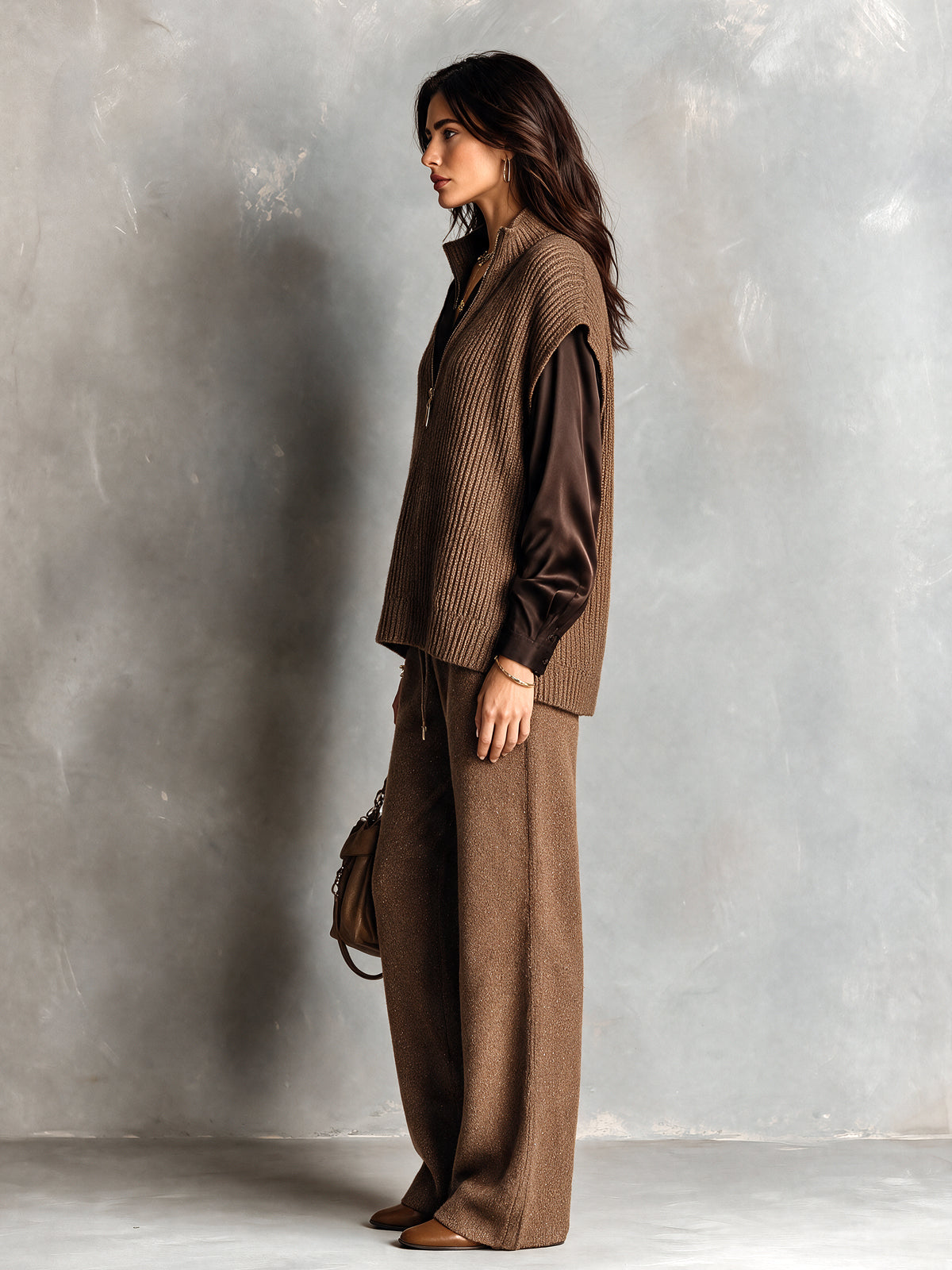 Chic Elegant Coffee Zipper-Up V-Neck Dropped-Shoulder Loose-Fit Ribbed Knit Vest Wool Blend Straight Pants Two-Piece Set
