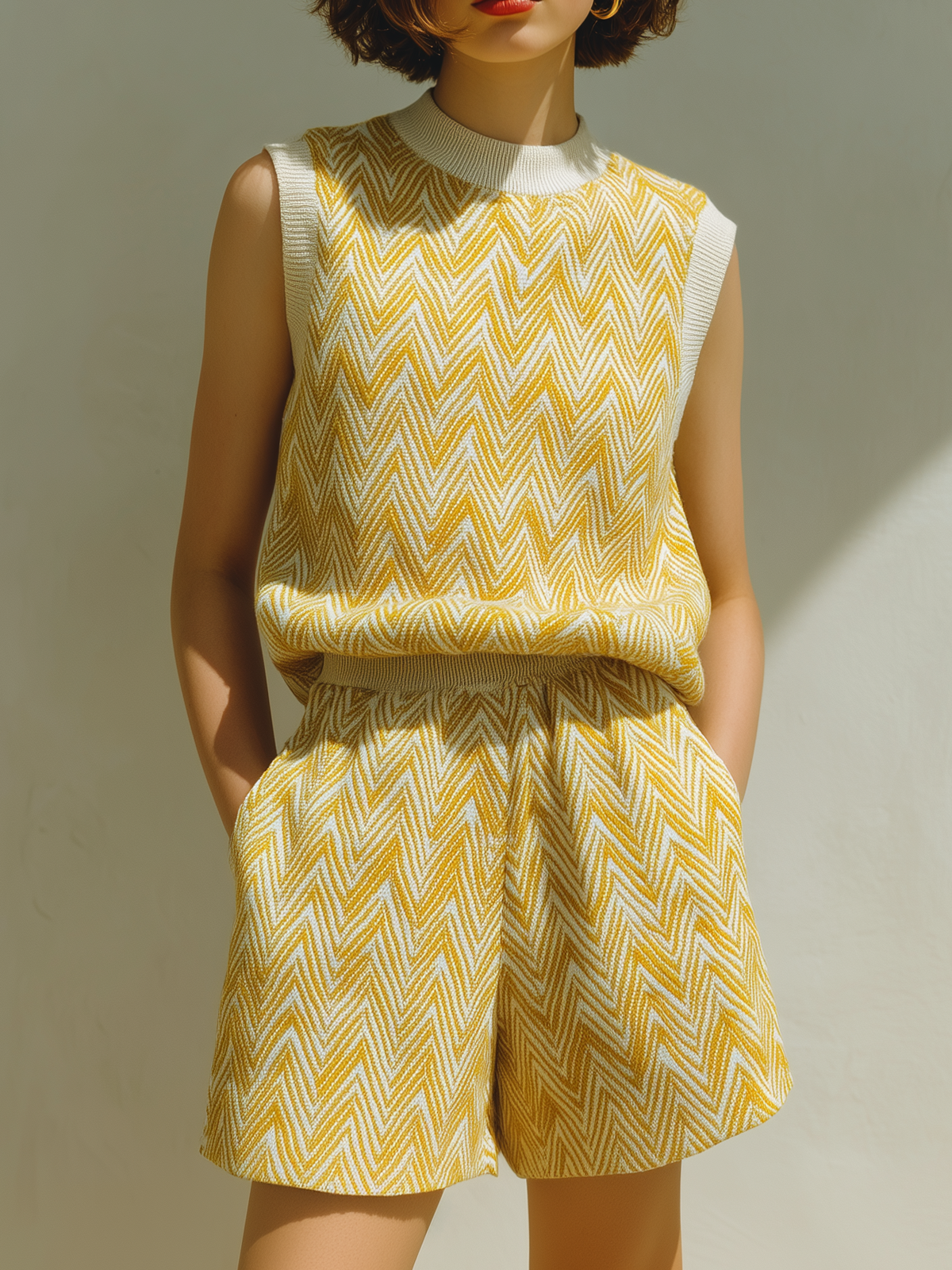 Chic Casual Yellow Jacquard Round Neck Sleeveless Loose-Fit  Vest Elastic Waist Shorts Knit Two-Piece Set