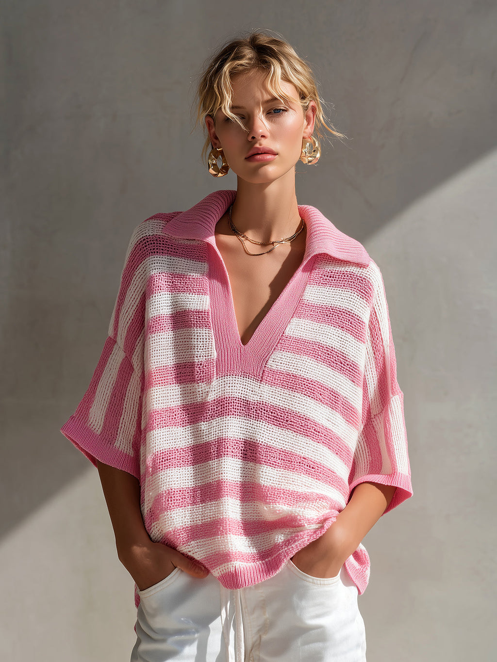 Chic Casual Pink-White Stripes Lapel V-Neck Half-Sleeve Loose-Fit Knit Sweater Top