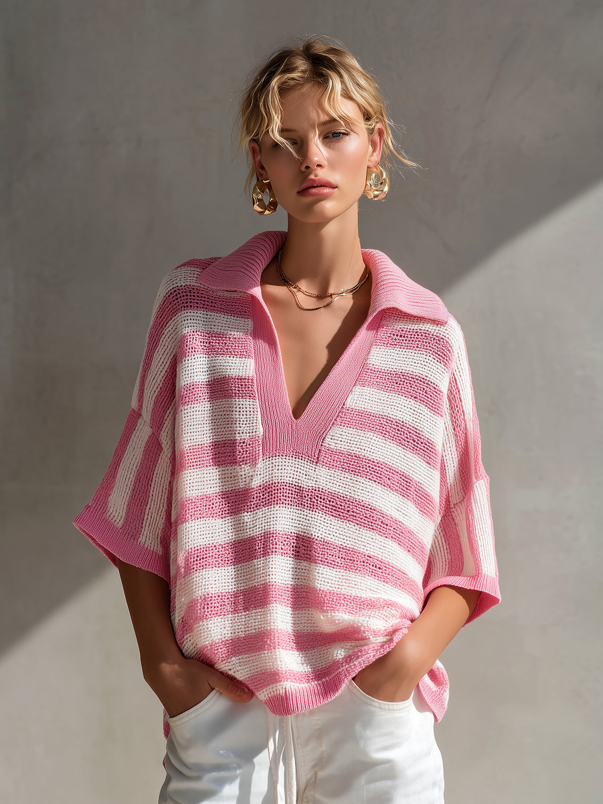 Chic Casual Pink-White Stripes Lapel V-Neck Half-Sleeve Loose-Fit Knit Sweater Top