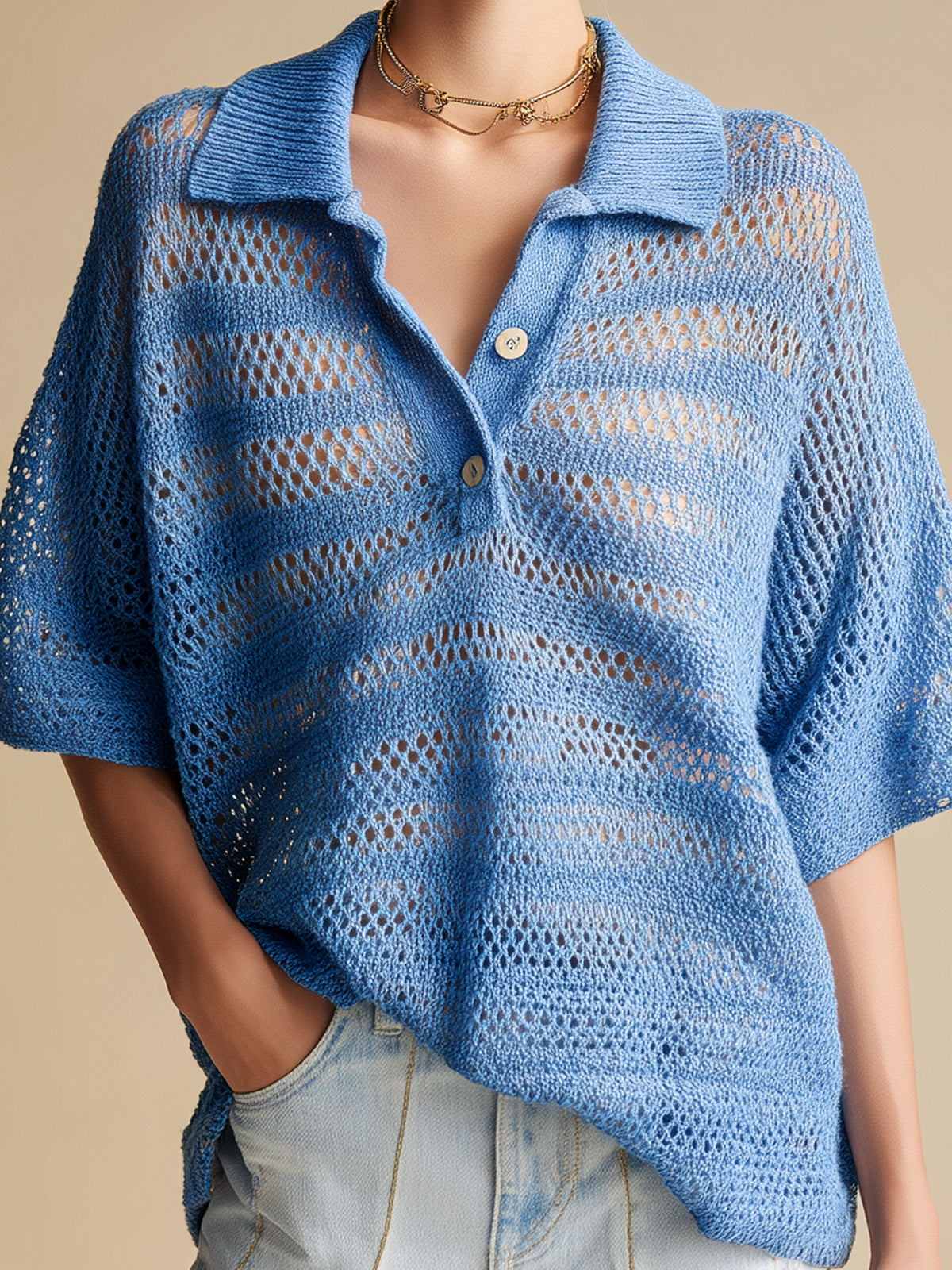 Chic Vintage Dark Blue Hollow Out Stripes Button-Up Lapel Collar Short-Sleeve Loose-Fit Breathable Knit Sweater Top