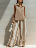 Chic Casual Camel Stand Collar V-Neck Sleeveless Loose Knit Vest Striped Wide-Leg Cotton Linen Two-Piece Set