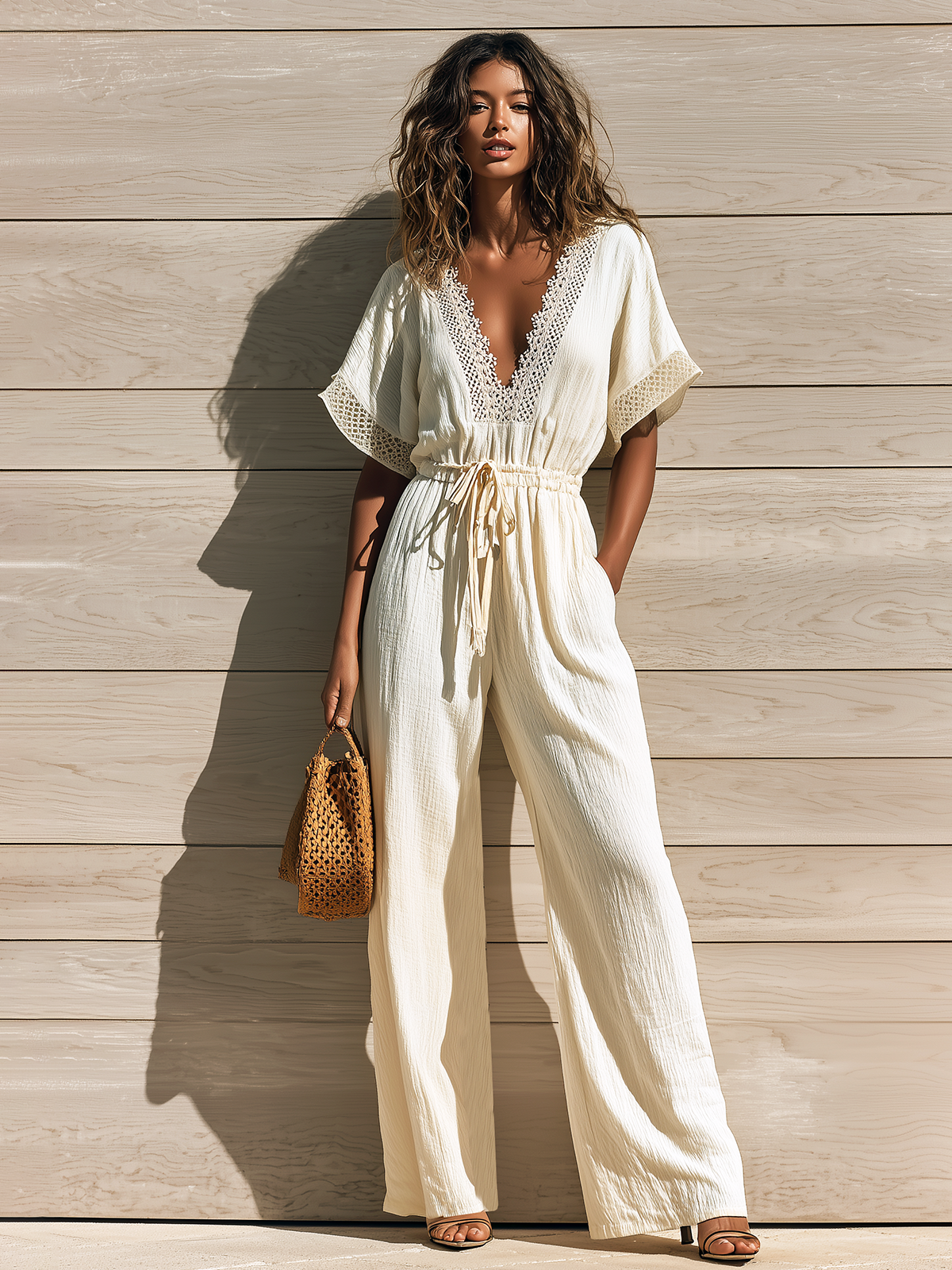 Chic Elegant White V-Neck Openwork Lace Trim Short-Sleeve Loose Elastic-Waist Crinkled Fabric Wide-Leg Jumpsuit