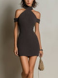 Chic Elegant Dark Coffee Halter Short-Sleeve Cutout Slim-Fit Knit Bodycon Mini Dress