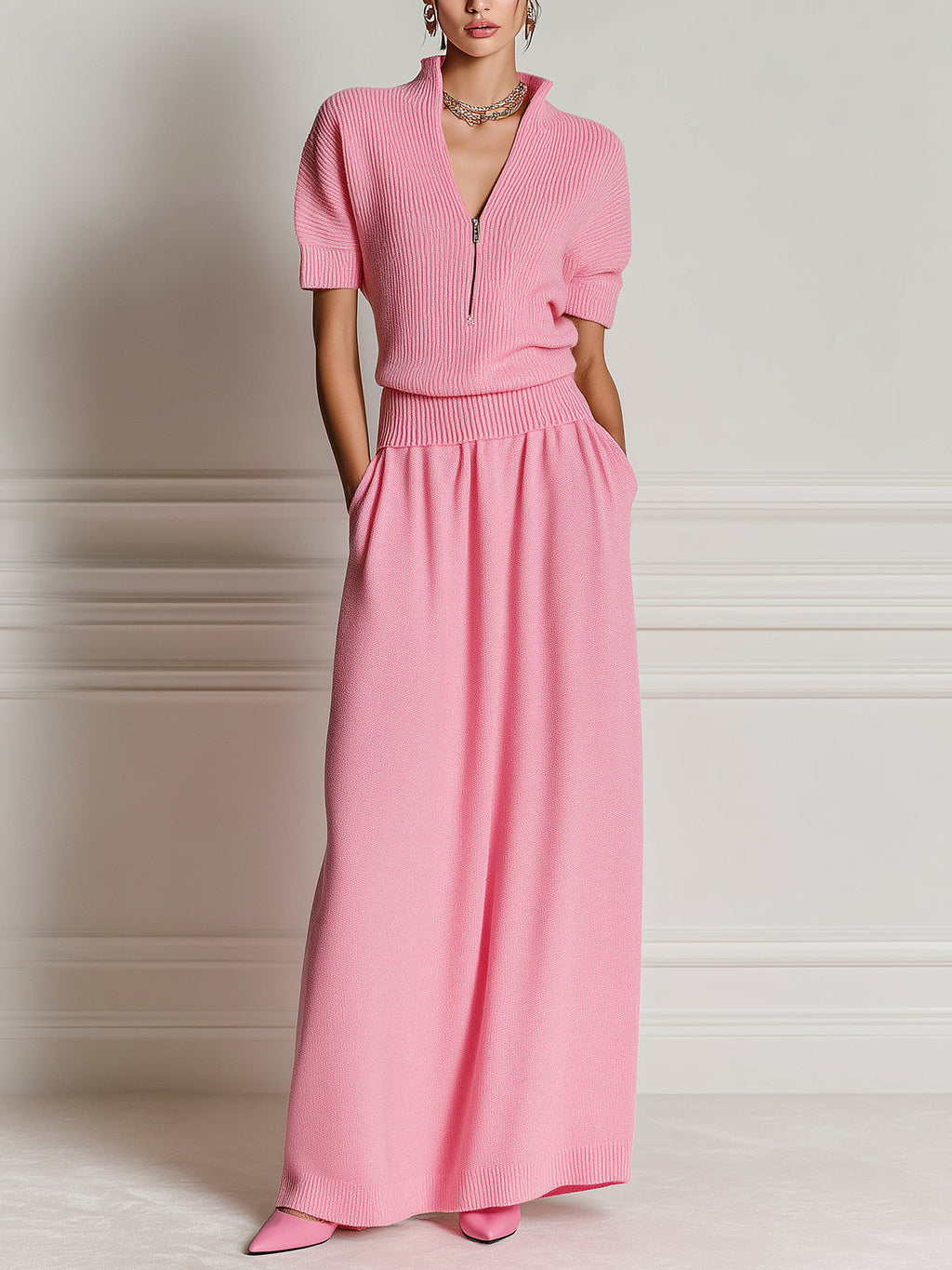 Chic Vintage Pink Zipper-Up V-Neck Short-Sleeve Loose-Fit Sweater A-Line Maxi Dress Knit Two-Piece Set