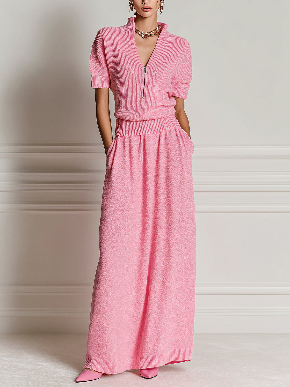 Chic Vintage Pink Zipper-Up V-Neck Short-Sleeve Loose-Fit Sweater A-Line Maxi Dress Knit Two-Piece Set