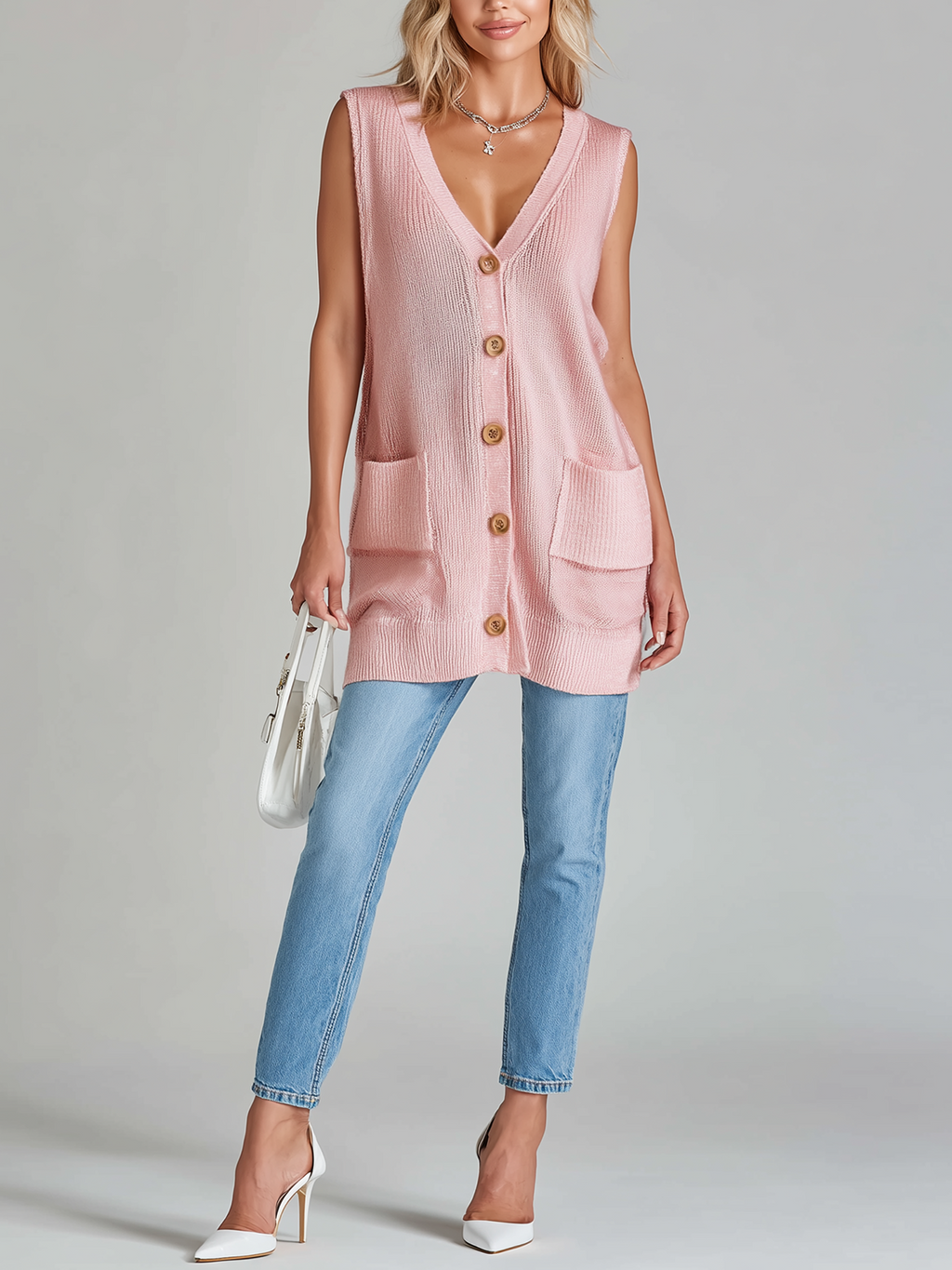 Fashion Casual Pink Loose Sleeveless V-neck Button  Patch Pockets Knit Vest