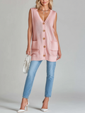 Fashion Casual Pink Loose Sleeveless V-neck Button  Patch Pockets Knit Vest
