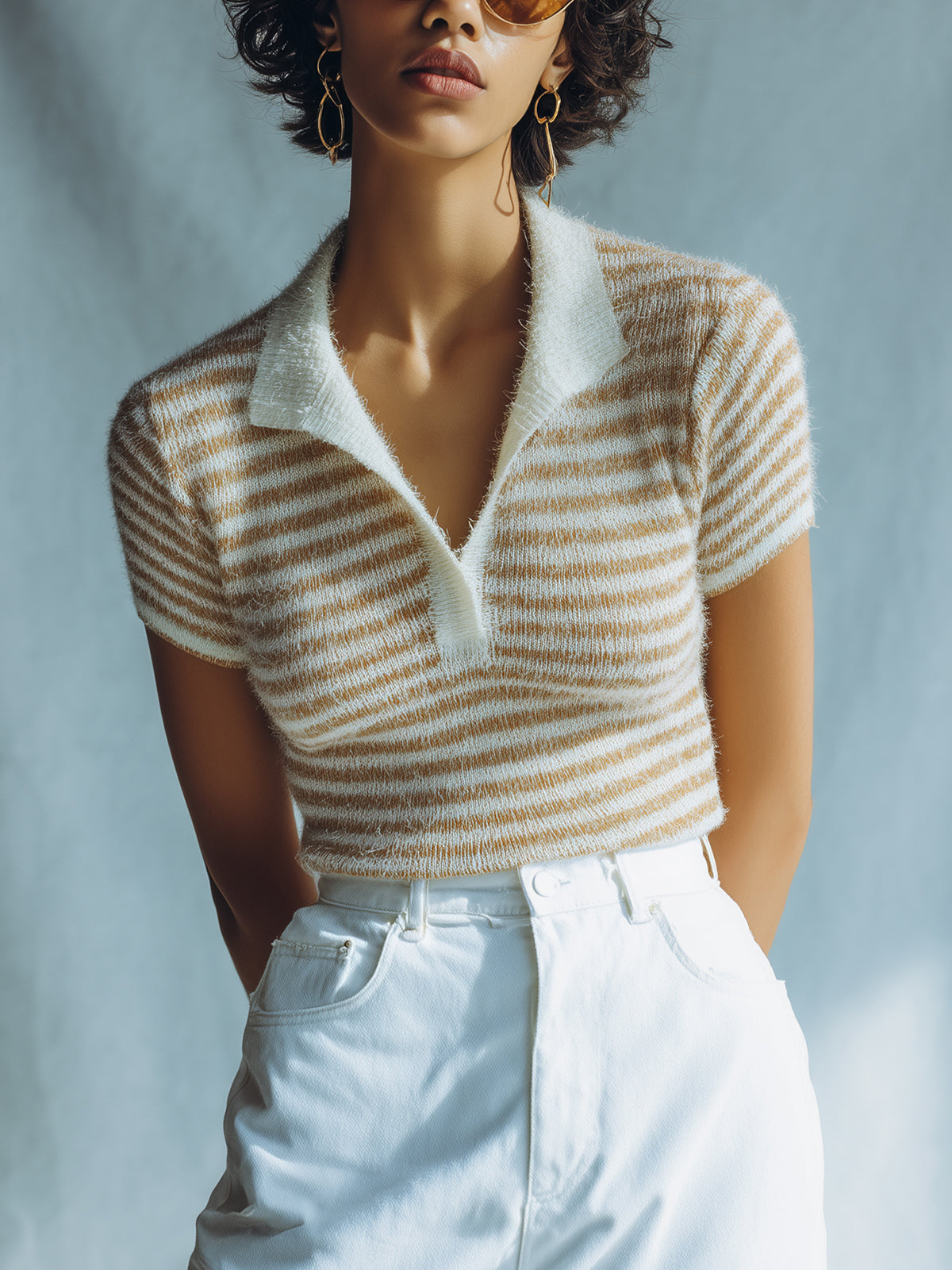 Chic Casual Camel-Beige Pinstripe Lapel V-Neck Short-Sleeve Slim-Fit Knit Sweater Top