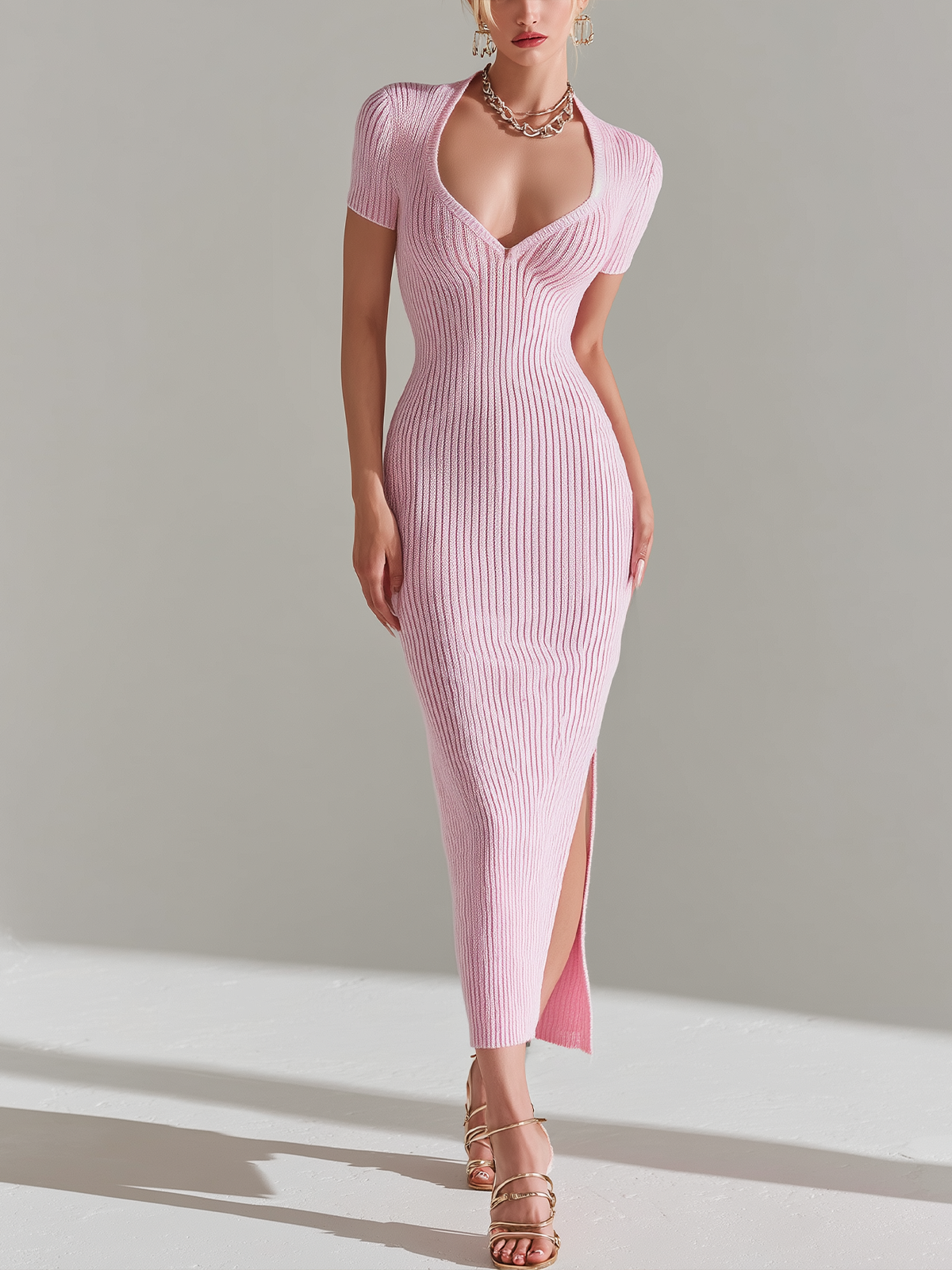 Chic Elegant Pink Heart-Shaped Neck Short-Sleeve Side Slit Slim-Fit Knit Maxi Dress